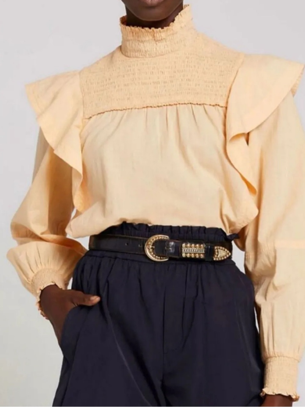 A.L.C. Peach Smocked High-Neck Ruffle Blouse